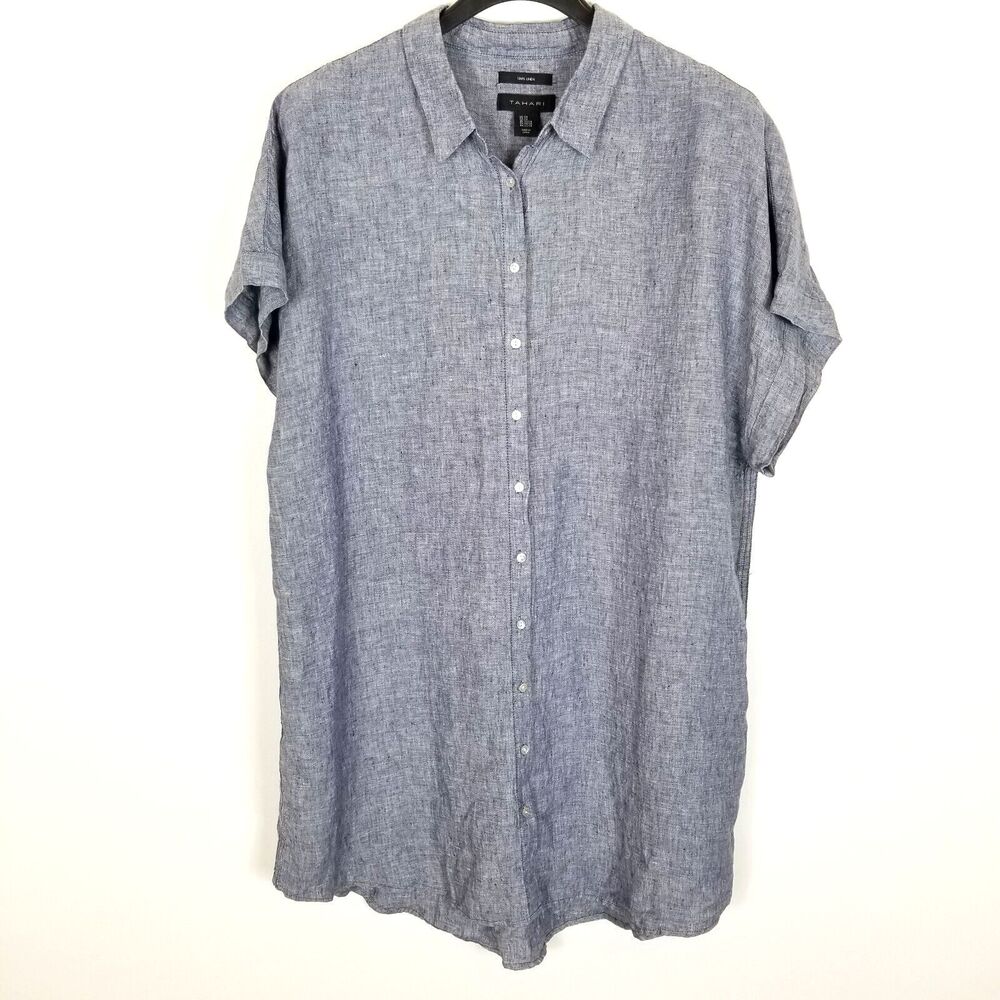 Tahari Women Plus Linen Button Front Dress Size 2X Chambery Blue Lagenlook